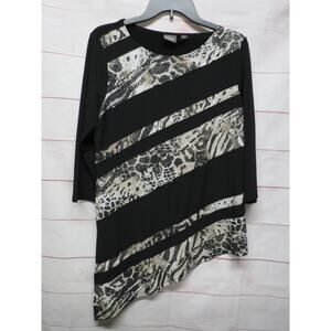 Chico's Size 1 Medium Assymetric Diagonal Stripe Black Animal Print Sparkle Top